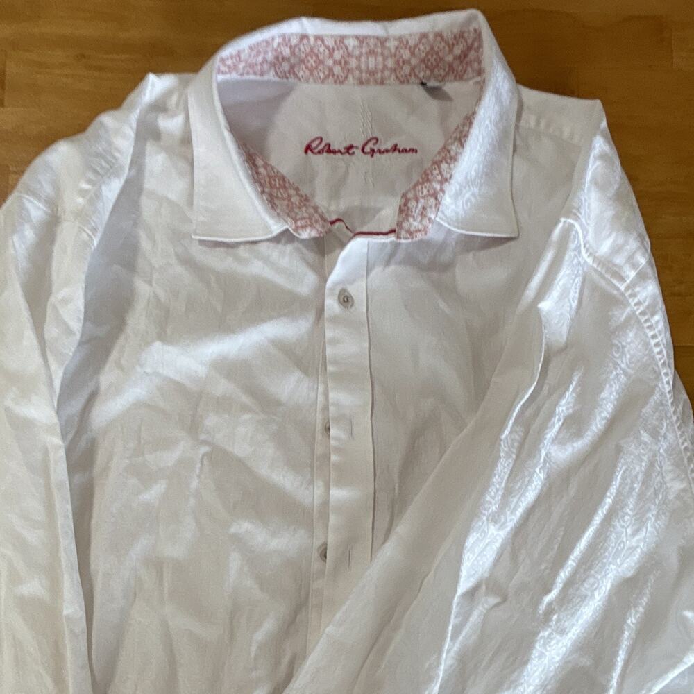 Robert Graham Mens White Paisley Button Up Shirt Embroidered Cuff 3XLT Big Tall